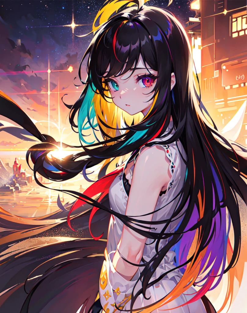 {{masterpiece}}, best quality, extremely detailed CG unity 8k wallpaper, cinematic lighting, lens flare, beautiful detail eyes, black, side glance, multicolor hair, colorful light, particles, heterochromia, (colorful:1.5), (colorful hair:1.5),