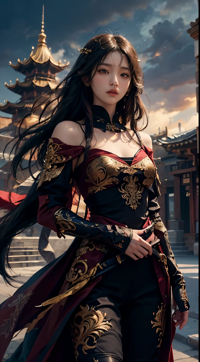 Realistic interpretation of Eunwol from MapleStory: A young adult Asian woman with long, flowing black hair and piercing violet eyes. She wears a sleek, form-fitting black bodysuit with dark red accents and intricate golden embroidery. Over this, she dons a stylish, asymmetrical black coat with a high collar and a long, flowing red scarf that whips dramatically in the wind. Her arms are adorned with ornate arm guards, and she wears fingerless gloves. At her waist hangs a beautifully crafted katana with a red and gold hilt. Her expression is intense and focused, conveying a sense of determination and mystery. The lighting is dramatic, with shadows accentuating her features and the details of her outfit. The background suggests a modern urban nightscape, hinting at her role as a skilled warrior in a contemporary setting. The overall atmosphere is one of elegance, power, and intrigue, blending traditional Asian aesthetics with a futuristic edge, 오른쪽손에 너클을 착용하고, 푸른 도깨비불이 주변에 있어