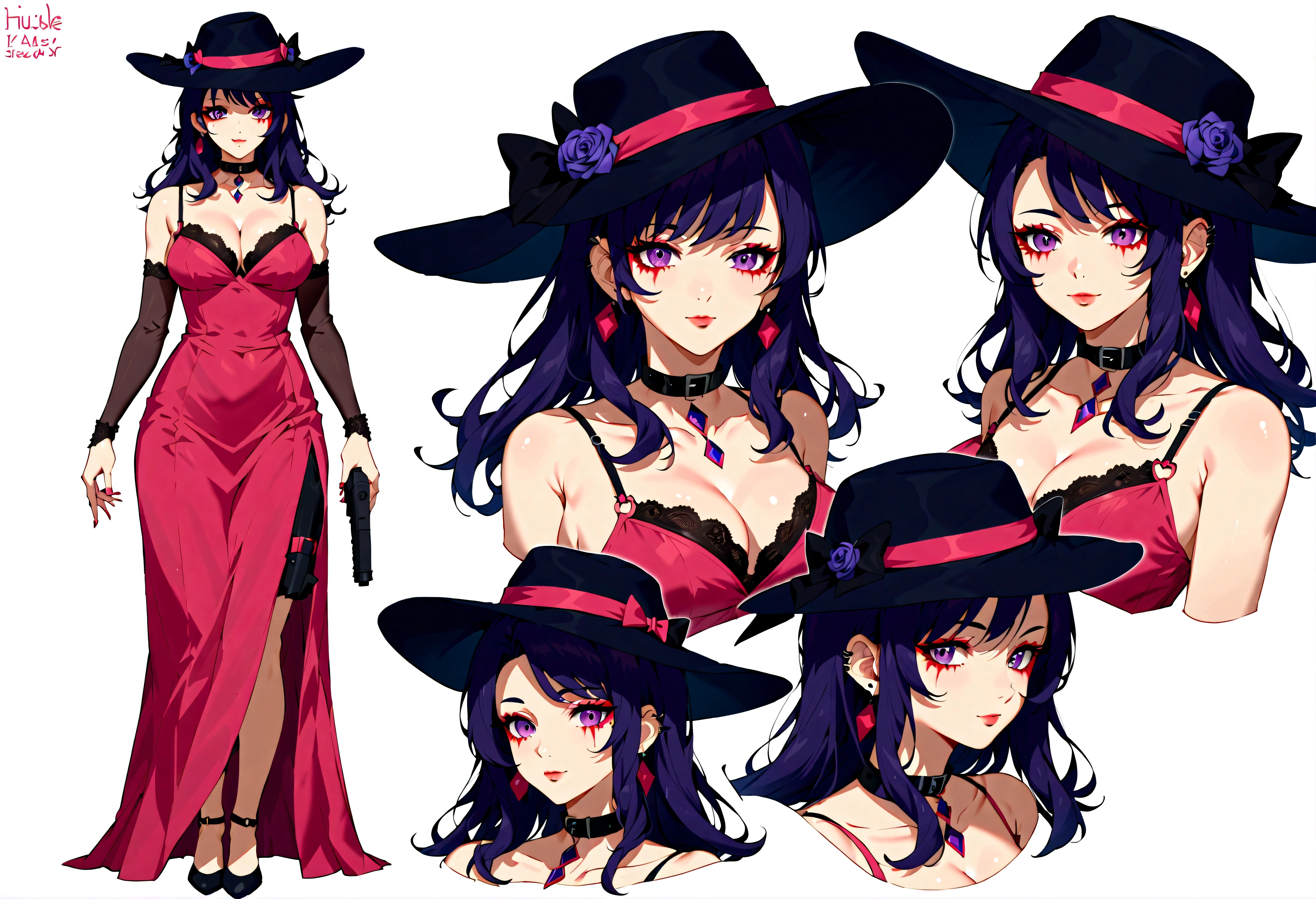 score_9, score_8_up, score_7_up, score_6_up, anime style, masterpiece, highly detailed, centered, Reference Material, character sheet, conceptart,multiple views,white background,simple background, multiple views of the same character, (full body), 1girl, holding a gun, black long hair, shaggy bangs, spkie collars, spike collar on hand, pink belts, red mascara, by Pu Hua, featured on pixiv, pastel goth aesthetic, black and pink dress, cleavage, high details on clothes, black fedora, violet color, Expressiveh, Ultra HD, 4k image, (full body, from side, front), (CharacterSheet:1),