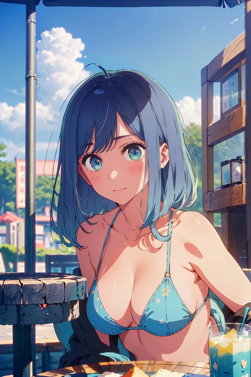 (Highest quality:1.4、masterpiece:1.4、Super detailed:1.4、8K:1.4)、F cup bust、Big Breasts、Slim body、((((1 person、Surprised expression、sit、In the background are the urban buildings of Tokyo、looking at the camera、Outdoor café terrace、coastal、Navy hair color、Shooting from an oblique angle、juice、table、Very cute face))))、((nude、Areola、bikini size too small))、Very blue sky、A completely cloudless sky、Big eyes、((((Shallow depth of field))))