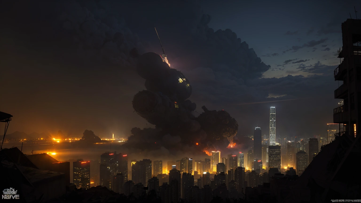 lookiing at a bright gigantic mid-air nuclear explosion over Kowloon from a hill top at Hong Kong island, explanding shockwave, apocalyptic, city in ruined, dark night time, army helicopters, masterpiece, realistice, detailed
