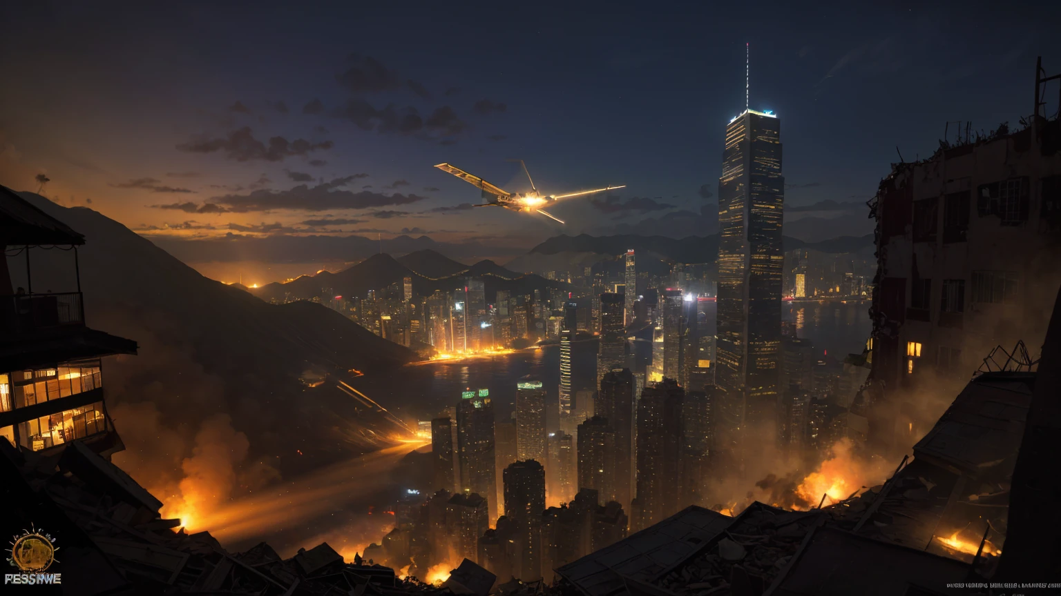 lookiing at a bright gigantic mid-air nuclear explosion over Kowloon from a hill top at Hong Kong island, explanding shockwave, apocalyptic, city in ruined, dark night time, army helicopters, masterpiece, realistice, detailed