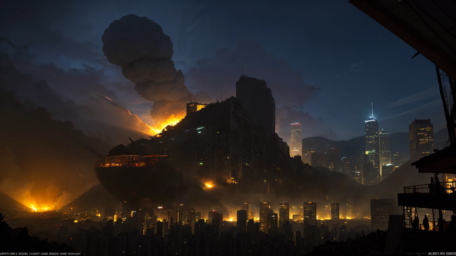 lookiing at a bright gigantic mid-air nuclear explosion over Kowloon from a hill top at Hong Kong island, explanding shockwave, apocalyptic, city in ruined, dark night time, army helicopters, masterpiece, realistice, detailed