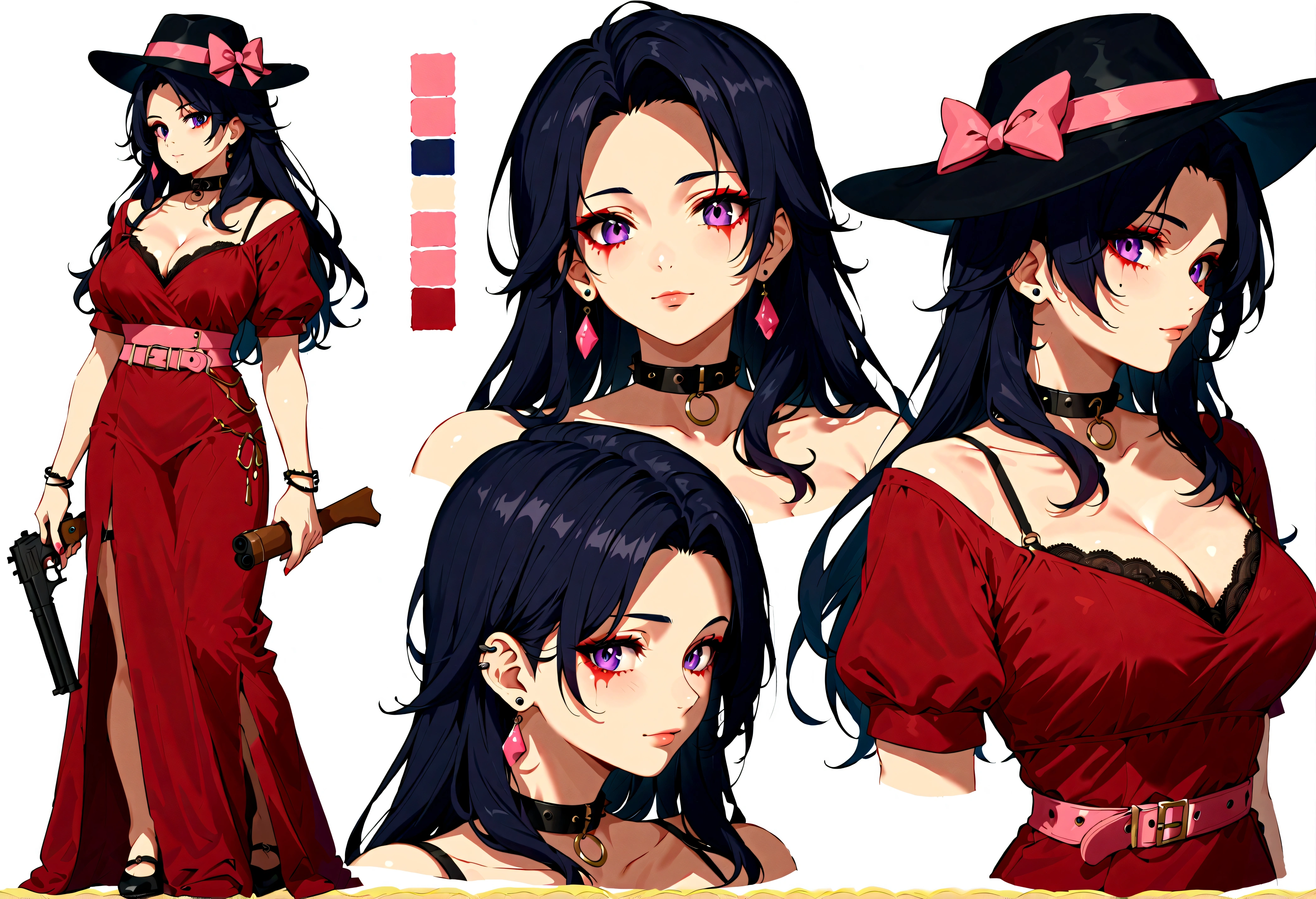 score_9, score_8_up, score_7_up, score_6_up, anime style, masterpiece, highly detailed, centered, Reference Material, character sheet, conceptart,multiple views,white background,simple background, multiple views of the same character, (full body), 1girl, holding a gun, black long hair, shaggy bangs, spkie collars, spike collar on hand, pink belts, red mascara, by Pu Hua, featured on pixiv, pastel goth aesthetic, black and pink dress, cleavage, high details on clothes, black fedora, violet color, Expressiveh, Ultra HD, 4k image, (full body, from side, front), (CharacterSheet:1),