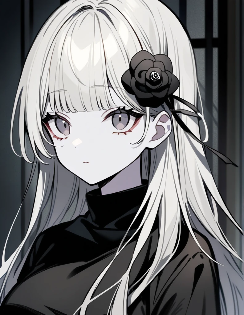Anime girl with dull dead black eyes and short white hair with bangs and a single black rose accessory in her hair, large bust and black sweatshirt with a black and pale skin top