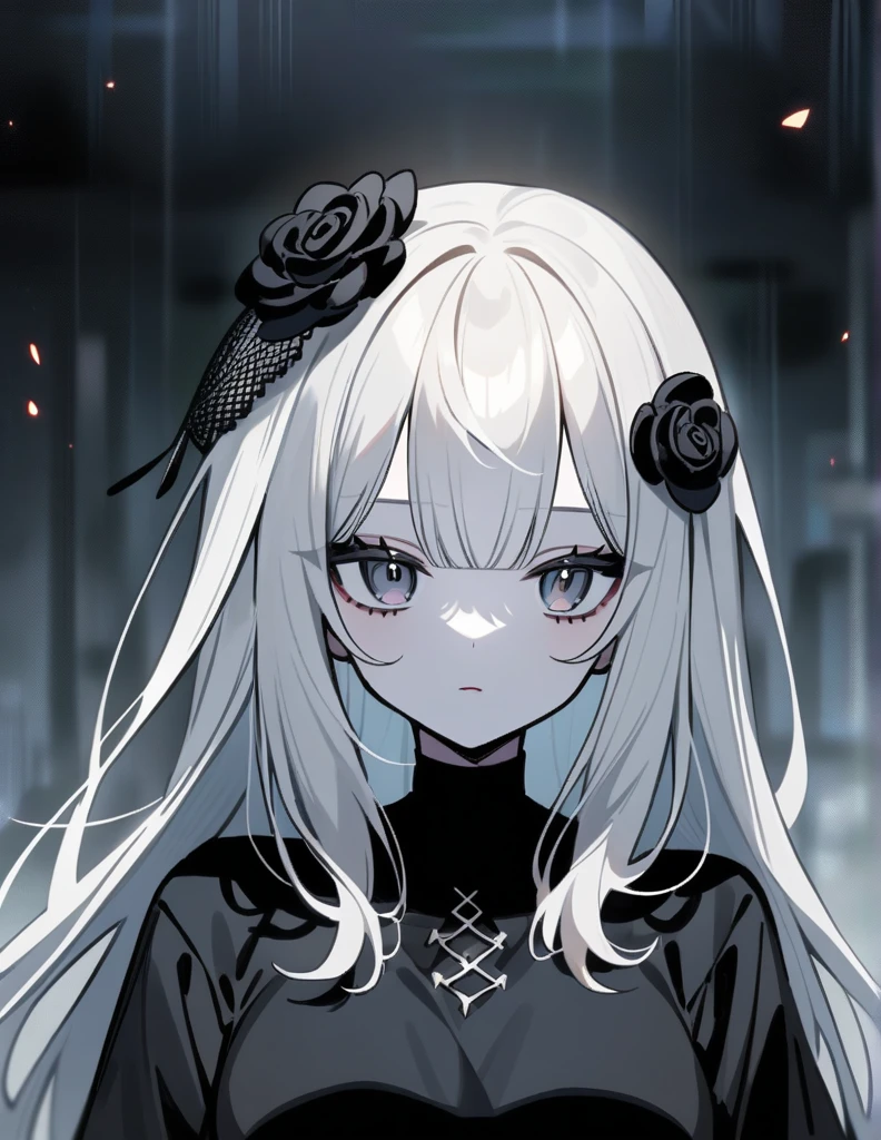 Anime girl with dull dead black eyes and short white hair with bangs and a single black rose accessory in her hair, large bust and black sweatshirt with a black and pale skin top