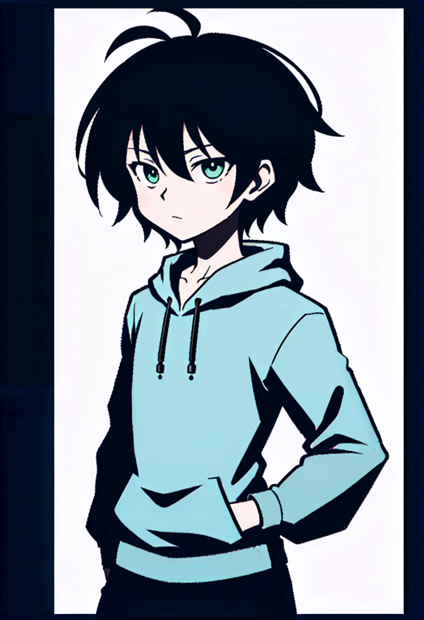 14 year old boy with black short wavy hair and green eyes wearing a grey hoodie in hunter x hunter manga style