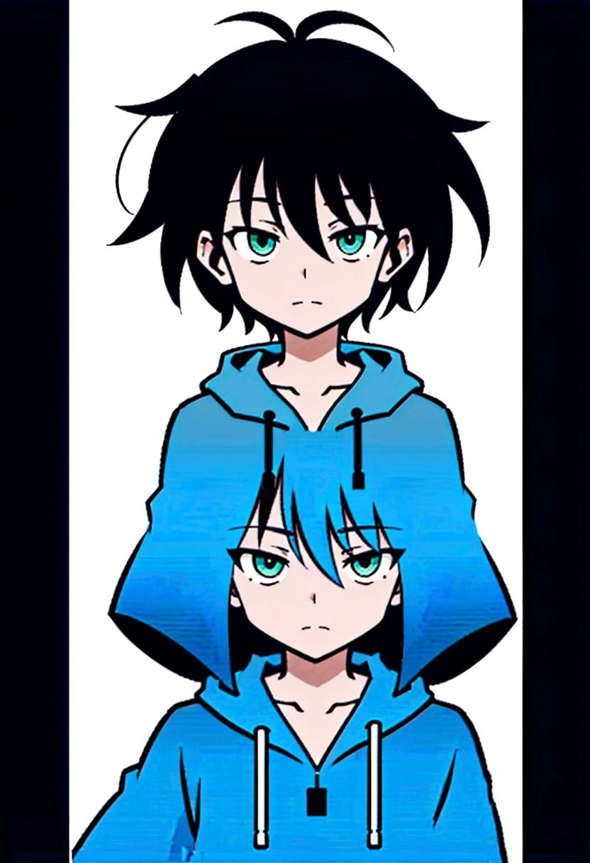 boy with black short wavy hair and green eyes wearing a grey hoodie in hunter x hunter manga style