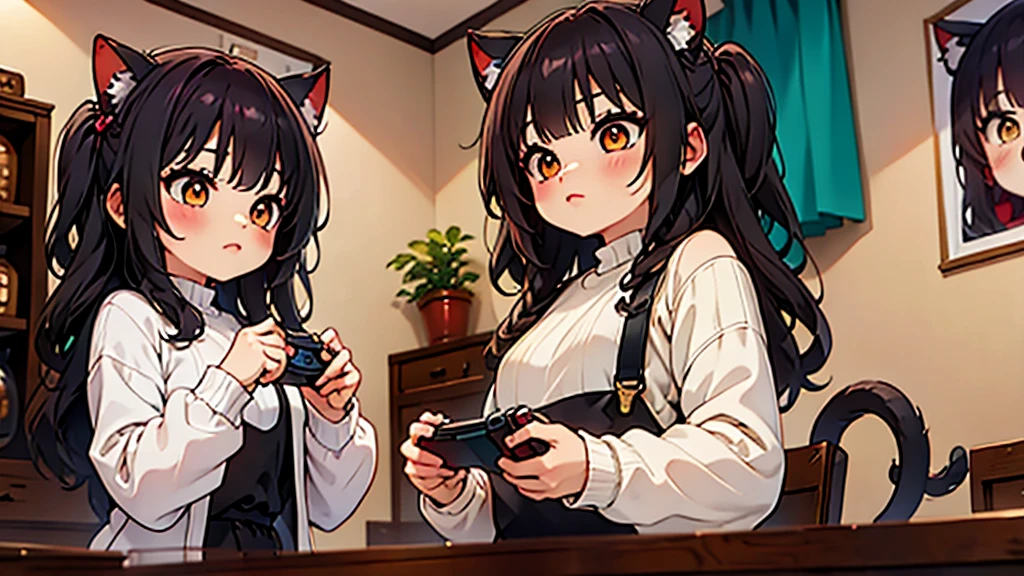 (Junkotvv a girl con orejas de gato) and (neocruz a boy con barba y sin orejas de gato), playing video games together in a room full of 80s style anime and posters in neon tones with video game controllers in their hands and enjoying