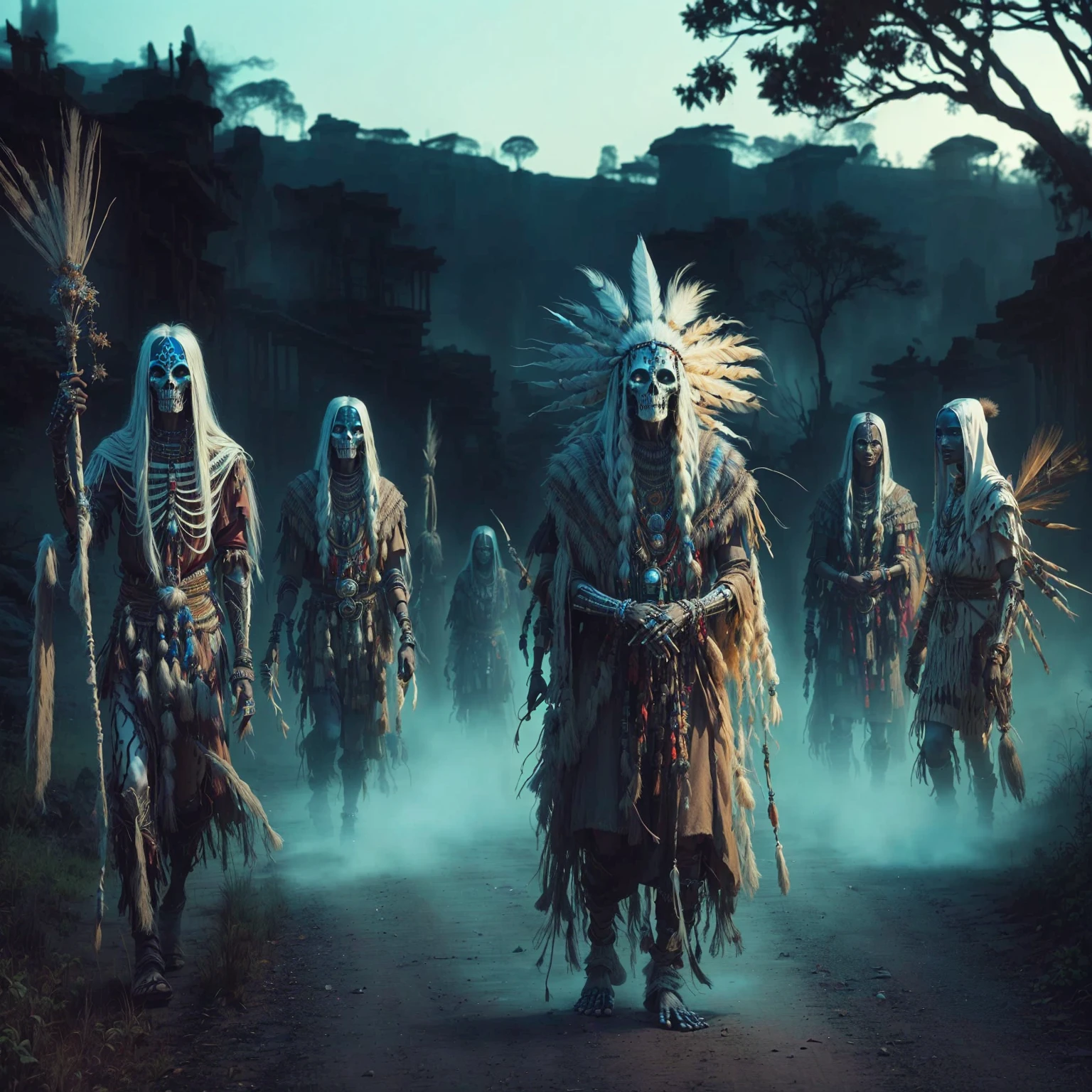 arafed group of people dressed in costumes walking down a road, ancient tribe, heilung, witch - doctor, anthropological photography, : native american shamen fantasy, cinematic photograph concept art, symmetrical epic fantasy art, rick baker style, spiritual eerie creepy picture, mutants roaming in the evening, african cyberpunk wizards, with a skeleton army