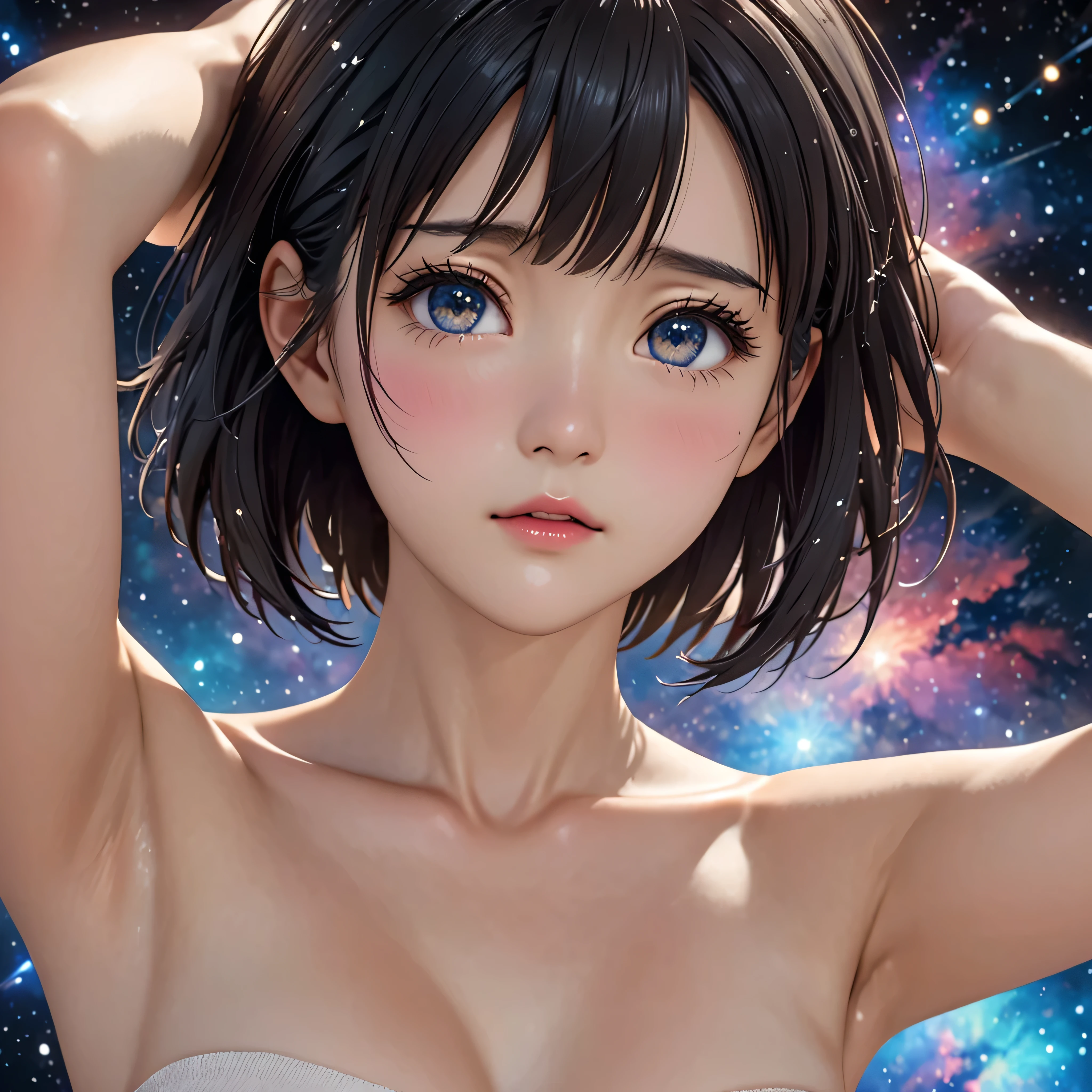 National Science Foundation,masterpiece,High resolution,8K,Art,digit,Three-dimensional,Realism,Kyoto Animation Style,your name movie style,cute,,look into camera,Universe nebula background,(1 girl: 1.3),(alone: 1.4),Show your shoulders,(Upper body nudity),Put your hands behind your head,Black hair,Long eyelashes,Long thin legs,Short Bob,Close-up of upper body,Close-up,Close up,Eyes as deep as the starry sky,shy,pain,sad