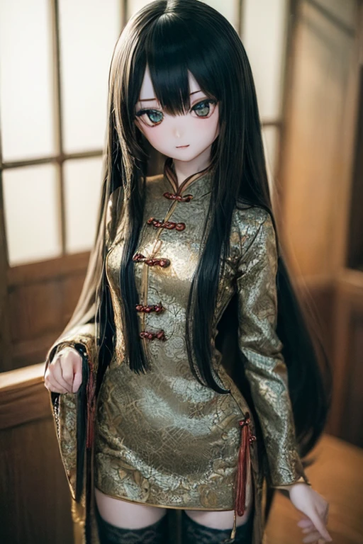 (SFW:2), photorealistic, realistic photo, ((highest quality)), ((masterpiece)), ((extremely detailed)), kukolnydom, doll, 1girl, solo, ((cowboy shot, standing, skinny, slender, slim, china dress, qipao)), green eyes, light smile, parted lips, (black hair, long hair, looking at another, blank eyes, empty eyes, detailed eyes, detailed clothes:1.3), chinese room, 8k
