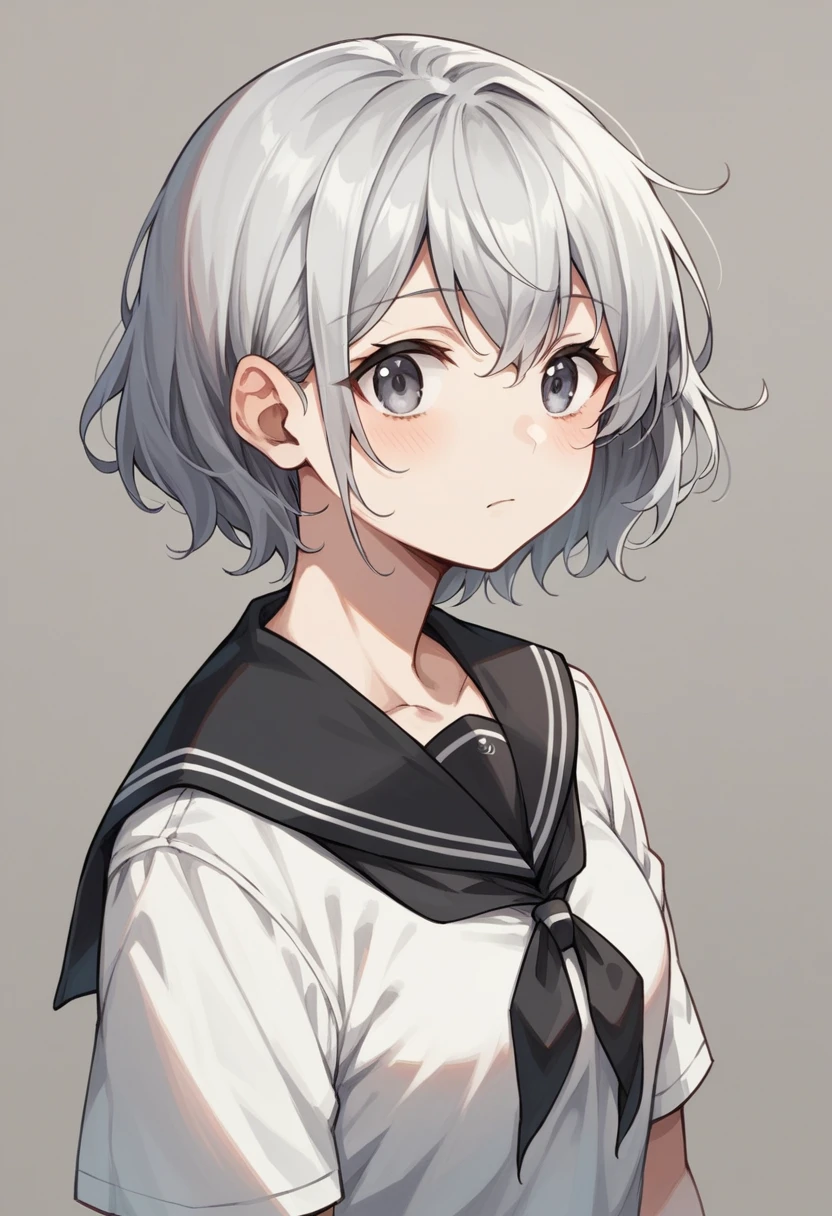 (girl,Silver Hair,Short wavy hairstyle,Grey Eyes,Medium Chest,)Black Sailor Suit,図書館で読書中のgirl