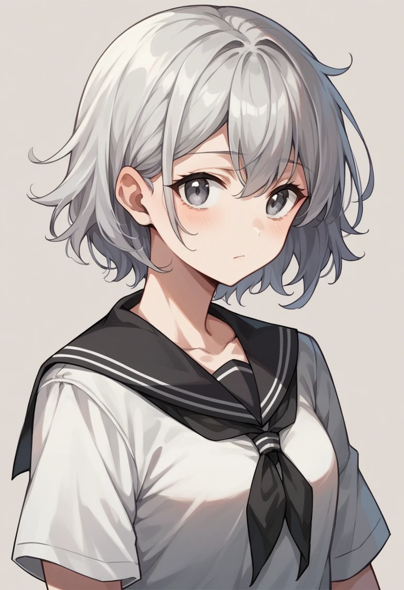 (girl,Silver Hair,Short wavy hairstyle,Grey Eyes,Medium Chest,)Black Sailor Suit,図書館で読書中のgirl