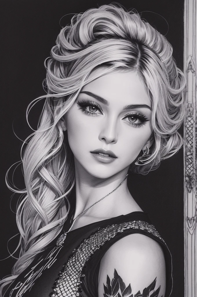 An artistic fashion sketch drawing that appears to be done by hand with ink pen and pointillism and hatching techniques, themed around the singer Madonna