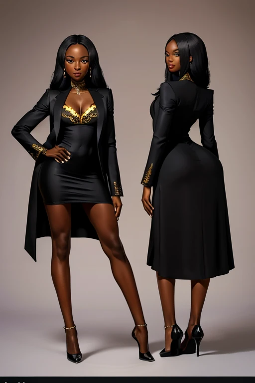 (full body:1.4).Beautiful 19 yo African woman. Fit, tall, perfect , shapely toned legs. Long black hair. Friendly smile. Jacket, black dress, high heels.(joy:1.1). Masterpiece, (highly detailed:1.2),(detailed face and eyes:1.2), depth of field, 8k wallpaper, natural lighting, core shadows, high contrast, bokeh.(rule of thirds)
