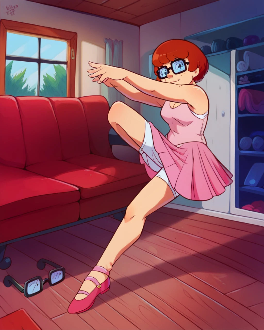 VelmaXL, white panties, pink tutu, ballet shoes, ballerina, dressing room, hands lifting tutu, sleeveless top, upskirt view of white panties, glasses, cute pose, sitting on couch, left leg over right leg, resting, auburn colored hair