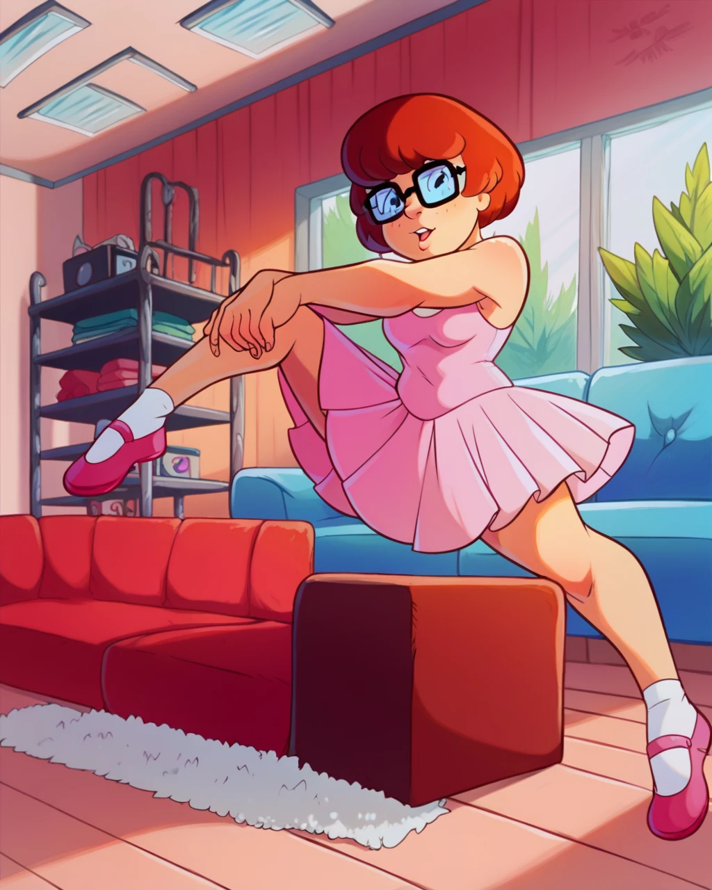 VelmaXL, white panties, pink tutu, ballet shoes, ballerina, dressing room, hands lifting tutu, sleeveless top, upskirt view of white panties, glasses, cute pose, sitting on couch, left leg over right leg, resting, auburn colored hair