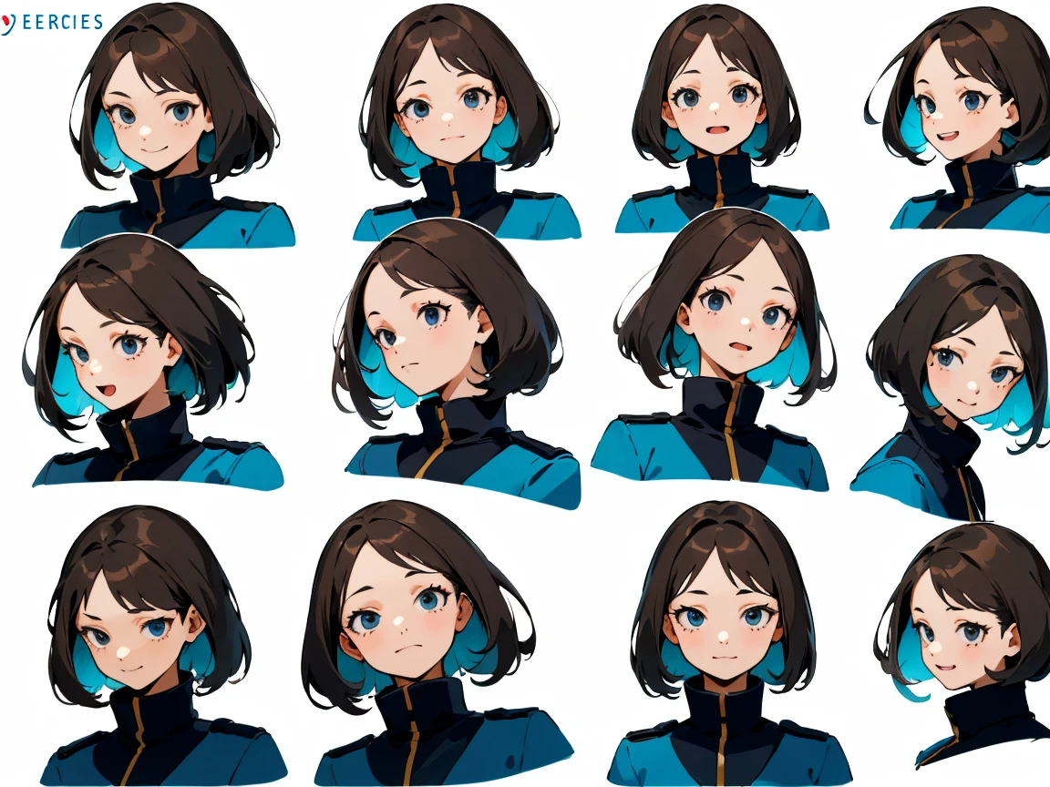 (masterpiece, best quality), 1girl, anime character facial expression sheet, Draw one facial expression from various directions on one sheet, draw a total of 6 faces, 3 horizontally and 2 vertically. The specified facial expression is a cheerful smile, portrait shot area depiction,
BREAK,
girl, age18, 165cm tall, slender, medium bob brunette hair, large slanted eyes, , (simple white background, only characters are colored:1.3),