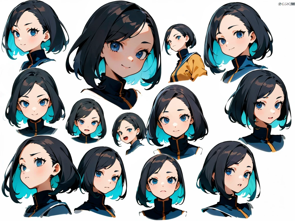 (masterpiece, best quality), 1girl, anime character facial expression sheet, Draw one facial expression from various directions on one sheet, draw a total of 6 faces, 3 horizontally and 2 vertically. The specified facial expression is a cheerful smile, portrait shot area depiction,
BREAK, 
girl, 18, 165cm tall, slender, medium bob brunette hair, large slanted eyes, , (simple white background, only characters are colored:1.3),