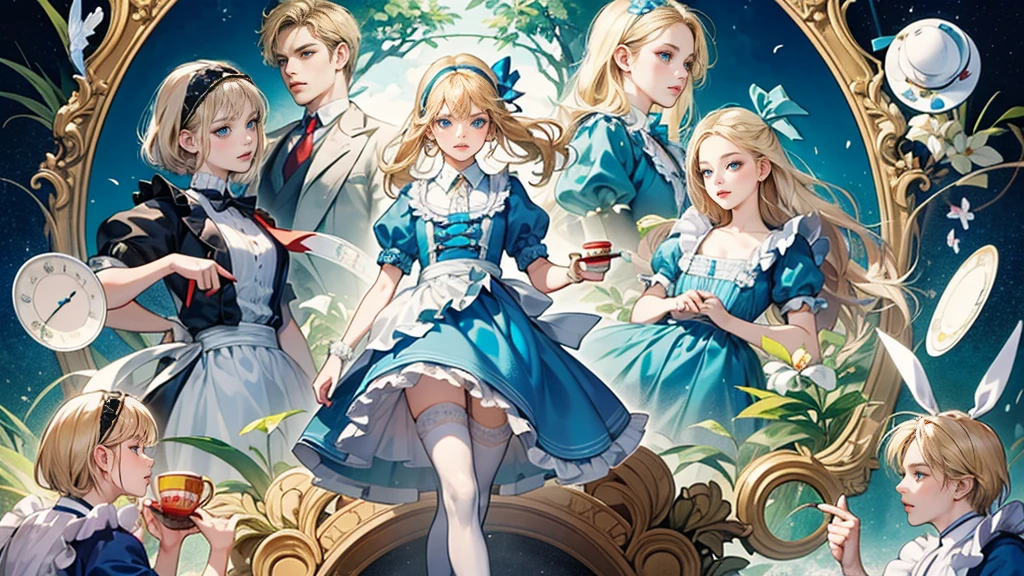 masterpiece, Highest quality, Portraiture, 1 Girl, (Alice in Wonderland:1.2), Blue clothes, White apron, Blonde, blue eyes, Usagi, Trump, Tea cup, White lace thigh high socks, Miniskirt lift, Half Body, Dynamic pose