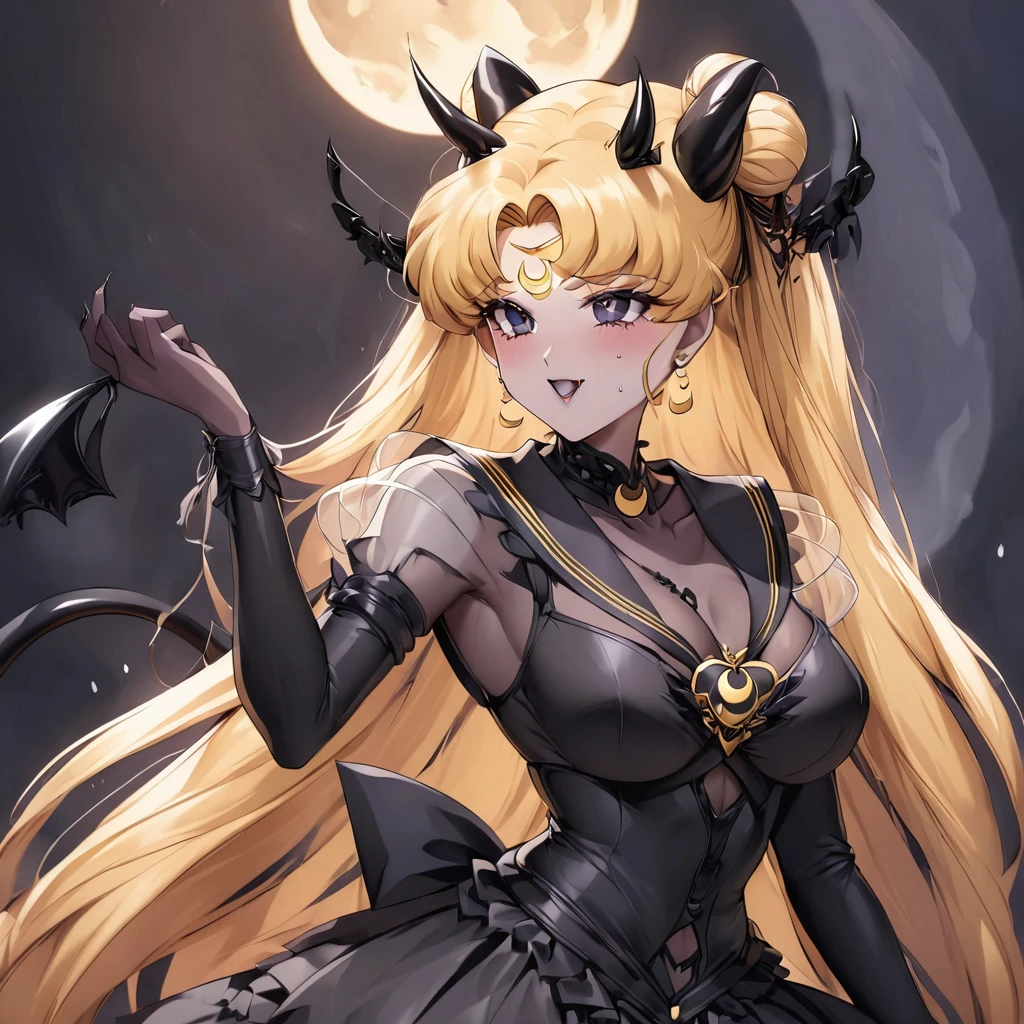 ((Highest quality)), ((masterpiece)), (detailed), (Perfect Face)、The woman is the Dark Queen of the Black Moon of the Black Moon Clan, a demon warrior of lust and evil, the Demon Queen, Devil Sailor Moon, and the woman is a sexy female demon with jet black skin, Devil Sailor Moon.、The woman is a jet-black female demon with magnificent devil horns, jet-black devil wings, and a jet-black tail. Her skin is jet-black, and she has a black inverted crescent moon mark on her forehead. Her gorgeous black skin is visible through her black see-through Lolita Gothic Victorian wedding dress, black wedding veil, and black see-through cape. She is a jet-black demon, Devil Sailor Moon, and has blonde hair.2The expression of a girl in love with her long hair tied up、Woman is Devil Sailor Moon