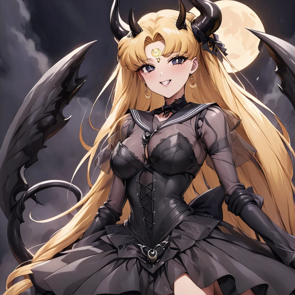 ((Highest quality)), ((masterpiece)), (detailed), （Perfect Face）、The woman is the Dark Queen of the Black Moon of the Black Moon Clan, a demon warrior of lust and evil, the Demon Queen, Devil Sailor Moon, and the woman is a sexy female demon with jet black skin, Devil Sailor Moon.、The woman is a jet-black female demon with magnificent devil horns, jet-black devil wings, and a jet-black tail. Her skin is jet-black, and she has a black inverted crescent moon mark on her forehead. Her gorgeous black skin is visible through her black see-through Lolita Gothic Victorian wedding dress, black wedding veil, and black see-through cape. She is a jet-black demon, Devil Sailor Moon, and has blonde hair.２The expression of a girl in love with her long hair tied up、Woman is Devil Sailor Moon