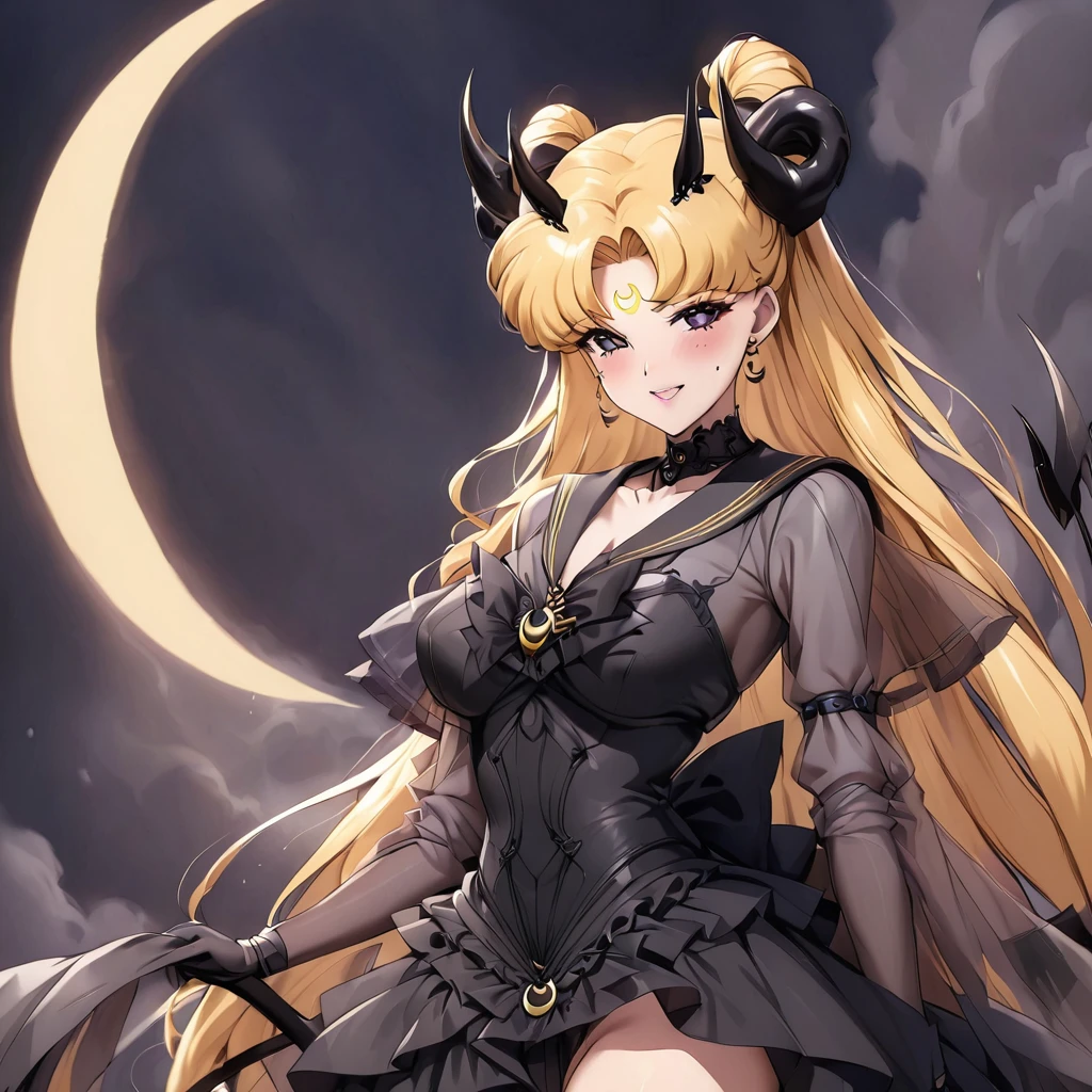((Highest quality)), ((masterpiece)), (detailed), （Perfect Face）、The woman is the Dark Queen of the Black Moon of the Black Moon Clan, a demon warrior of lust and evil, the Demon Queen, Devil Sailor Moon, and the woman is a sexy female demon with jet black skin, Devil Sailor Moon.、The woman is a jet-black female demon with magnificent devil horns, jet-black devil wings, and a jet-black tail. Her skin is jet-black, and she has a black inverted crescent moon mark on her forehead. Her gorgeous black skin is visible through her black see-through ta Gothic Victorian wedding dress, black wedding veil, and black see-through cape. She is a jet-black demon, Devil Sailor Moon, and has blonde hair.２The expression of a girl in love with her long hair tied up、Woman is Devil Sailor Moon