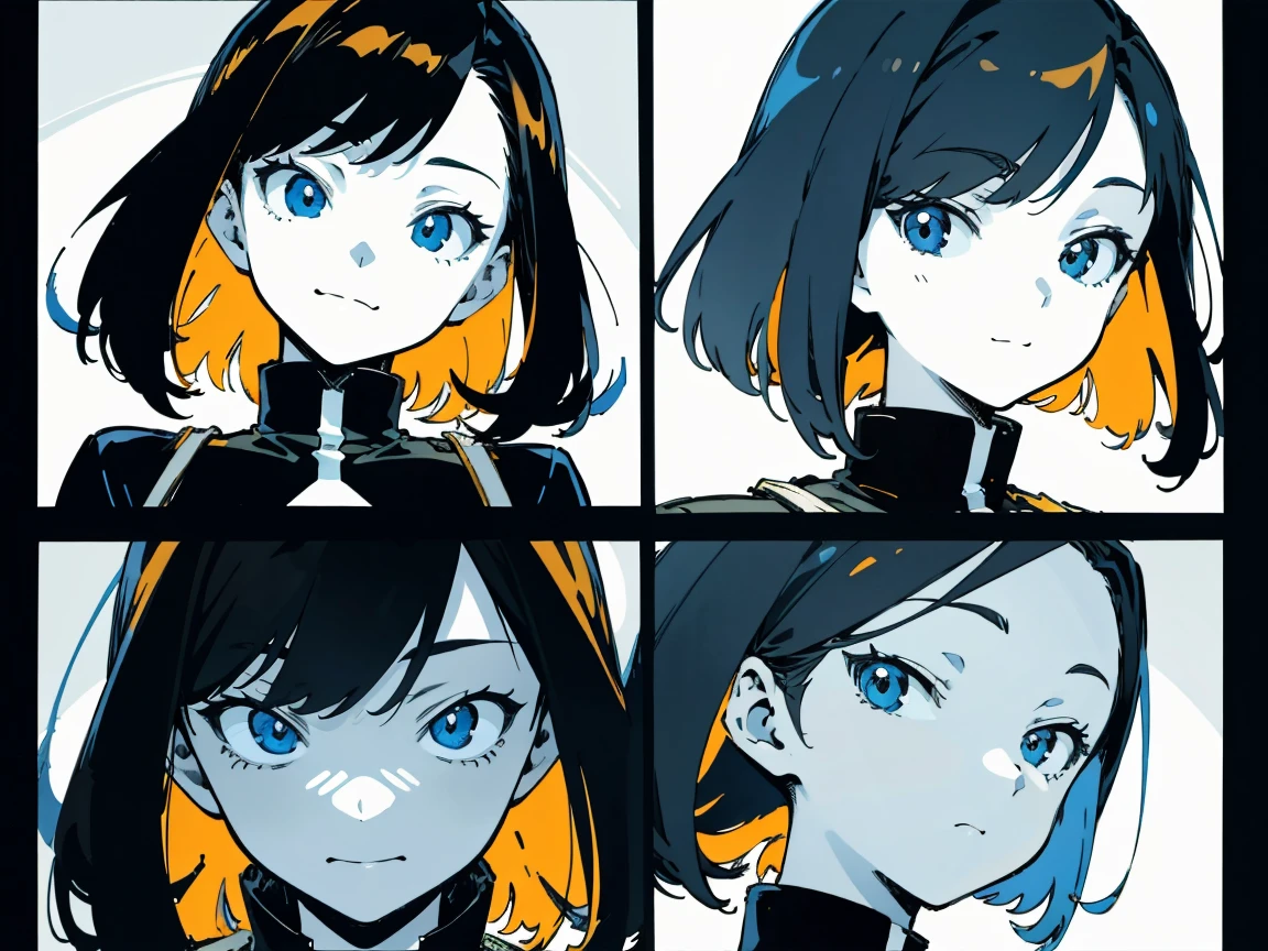 (masterpiece, best quality), 1girl, anime character facial expression sheet, Draw one facial expression from various directions on one sheet, draw a total of 6 faces, 3 horizontally and 2 vertically. The specified facial expression is a cheerful smile, portrait shot area depiction,
BREAK, 
girl, age18, 165cm tall, slender, medium bob brunette hair, large slanted eyes, , (simple white background, only characters are colored:1.3),