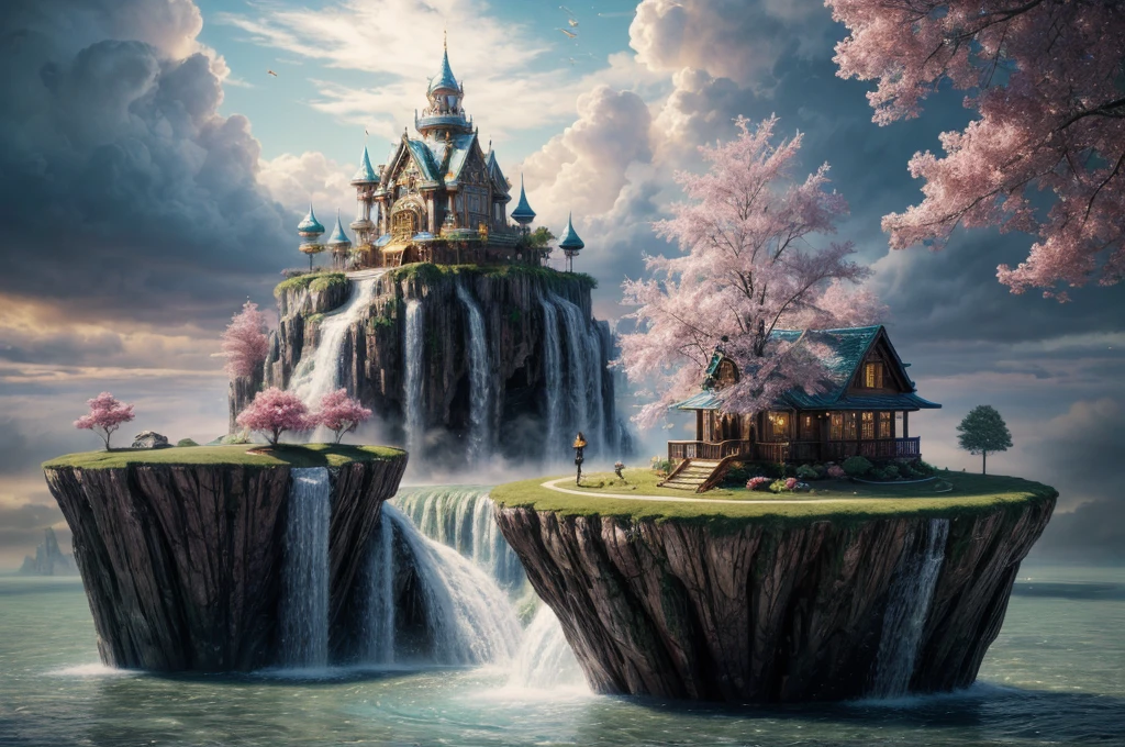 clock_realm,clock,((masterpiece)),((best quality)),8k,high detailed,ultra-detailed,illustration,concept art,fantasy,a floating island,candy tree,porcelain house, (floating waterfalls:1.1),(floating islands in the sky:1.2),magical creatures,capturing the otherworldly beauty of a floating fantasy realm