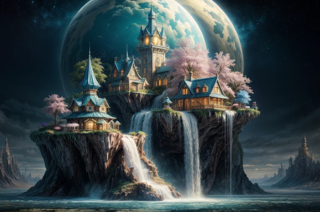 clock_realm,clock,((masterpiece)),((best quality)),8k,high detailed,ultra-detailed,illustration,concept art,fantasy,a floating island,candy tree,porcelain house, (floating waterfalls:1.1),(floating islands in the sky:1.2),magical creatures,capturing the otherworldly beauty of a floating fantasy realm