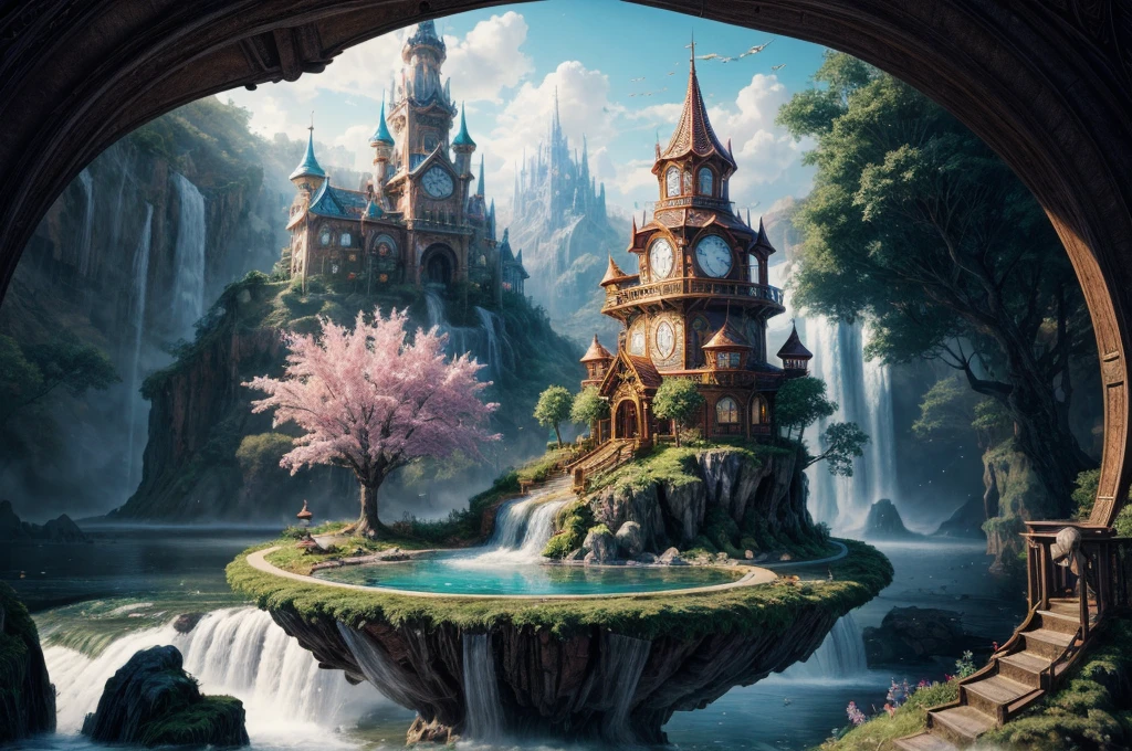 clock_realm,clock,((masterpiece)),((best quality)),8k,high detailed,ultra-detailed,illustration,concept art,fantasy,a floating island,candy tree,porcelain house, (floating waterfalls:1.1),(floating islands in the sky:1.2),magical creatures,capturing the otherworldly beauty of a floating fantasy realm