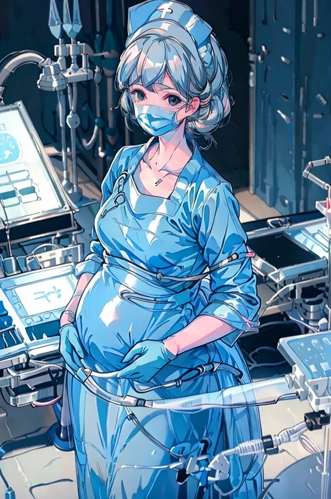 Score_9, Score_8_up, Score_7_up, source_anime, pale skin, surgical mask, surgical cap, long sleeve surgical gown,
1 girl, pregnant, solo, rubber gloves, looking down, frowning, operating bed, in the operating room, standing,