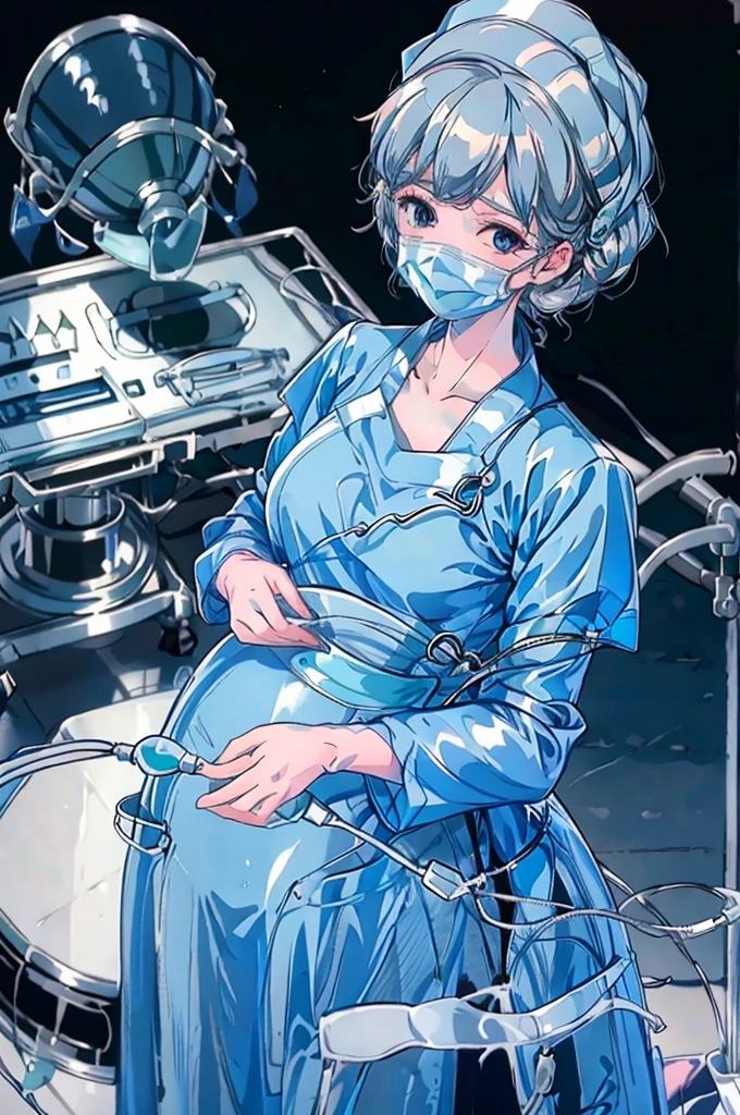 Score_9, Score_8_up, Score_7_up, source_anime, pale skin, surgical mask, surgical cap, long sleeve surgical gown,
1 girl, pregnant, solo, rubber gloves, looking down, frowning, operating bed, in the operating room, standing,