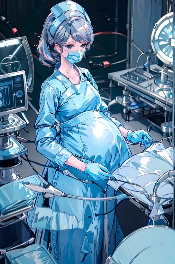 Score_9, Score_8_up, Score_7_up, source_anime, pale skin, surgical mask, surgical cap, long sleeve surgical gown,
1 girl, pregnant, solo, rubber gloves, looking down, frowning, operating bed, in the operating room, standing,