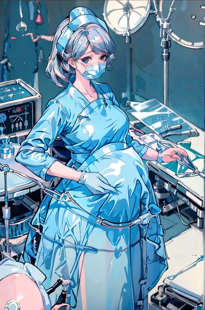 Score_9, Score_8_up, Score_7_up, source_anime, pale skin, surgical mask, surgical cap, long sleeve surgical gown,
1 girl, pregnant, solo, rubber gloves, looking down, frowning, operating bed, in the operating room, standing,