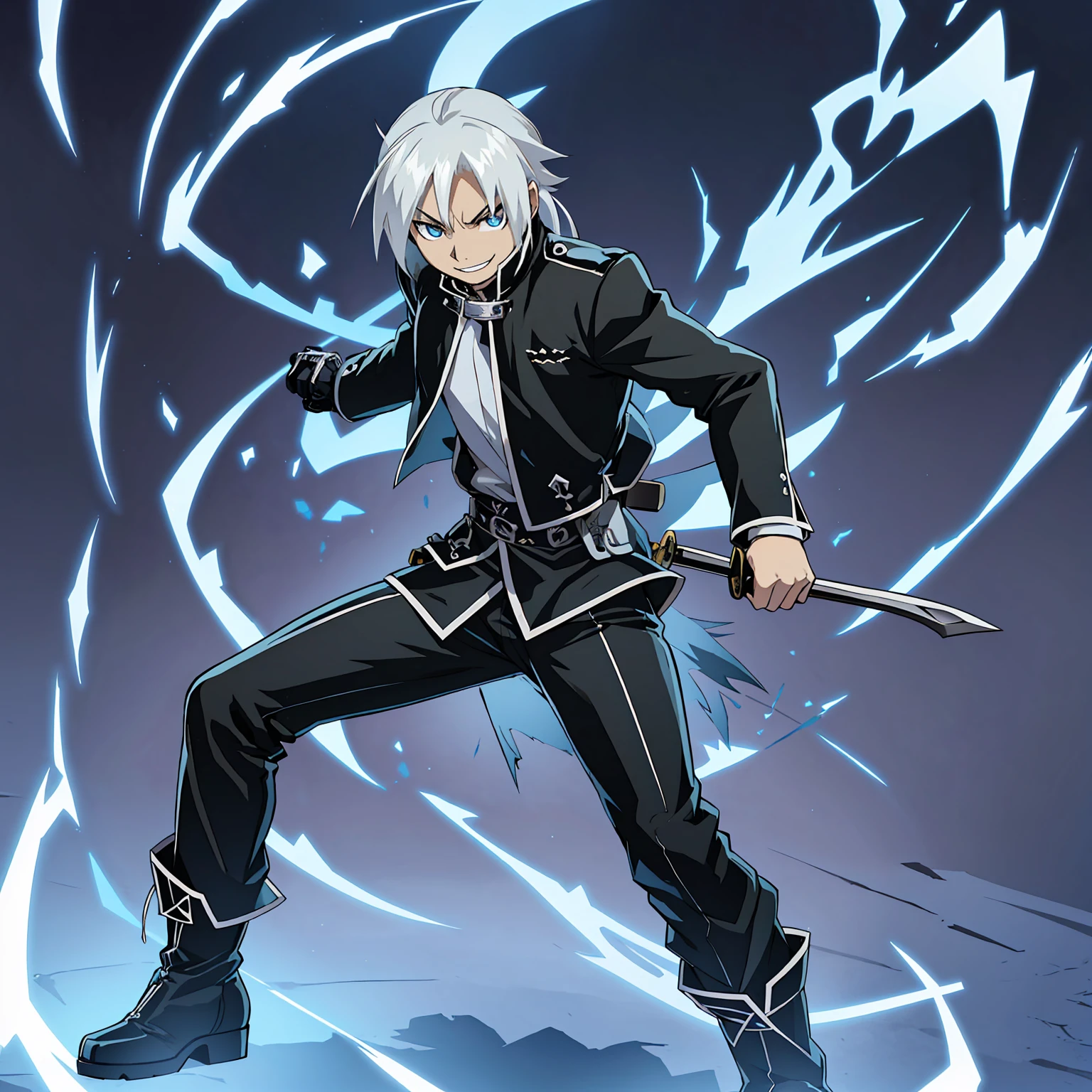 Blue eyes that almost look like those of a cat, with acircular pupils accompanied by it, White hair, Demon Hunter Uniform; resembling a Black Gakuran with a Blue Ribbon on his waist and multiple Magatama accessories along with white boots, Lightning Katana in his hand, with a radiant smile on his face and in the World of Remnant.