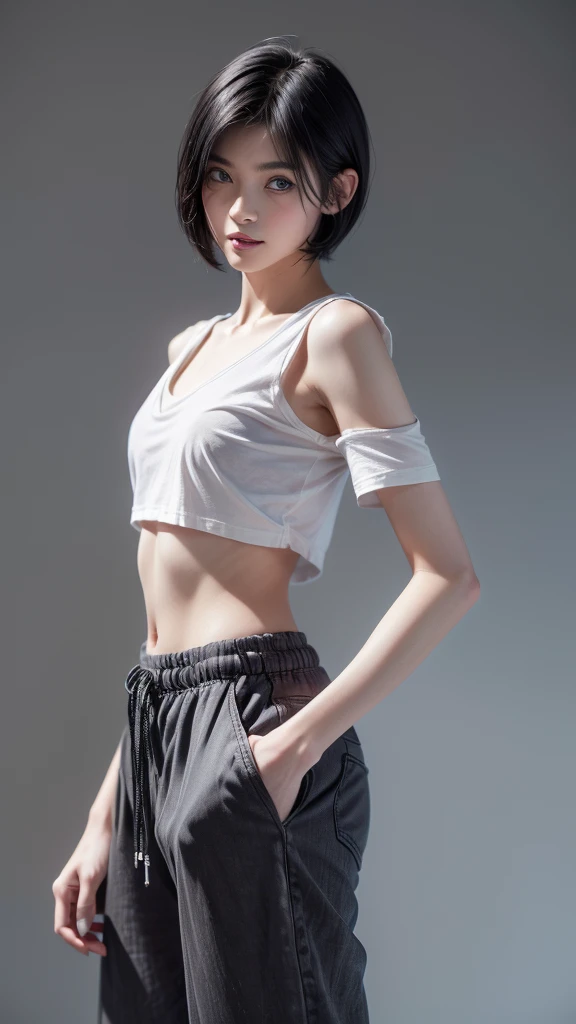 enlargement, (japanese cartoon movies:1.3), (whole body, fashion portrait:1.6), very detailed, beautiful, masterpiece, best quality, _ break (1 woman:1.2), 22 years old, 160cm, Cute model from Japan, Tightened whole body, ( chest:1.3), small head, small face, diamond face, small nose, Sharp face line, young hands and fingers, beautiful hands and fingers, five fingers, _ break (shiny lips:1.3), (brightly colored lips, half open mouth, beautiful Teeth:1.2), (droopy eyes, double eyelid, blue eyes:1.), _ break (arranged short hair style:1.3), (black hair:1.3), _ break (gray background:1.4), Fog, Fog, _ break (cowboy shot, from below:1.4), (standing:1.6), (sexy, fashion model pose:1.6), break (ultra Soft fabric oversize baggy t-shirt:1.3), (large, short, baggy:1.4), (non-compressed hem, large hem:1.6), black body paint, (1/4 short Length:1.4), (black low rise pants:1.4), (NSFW:1.4),