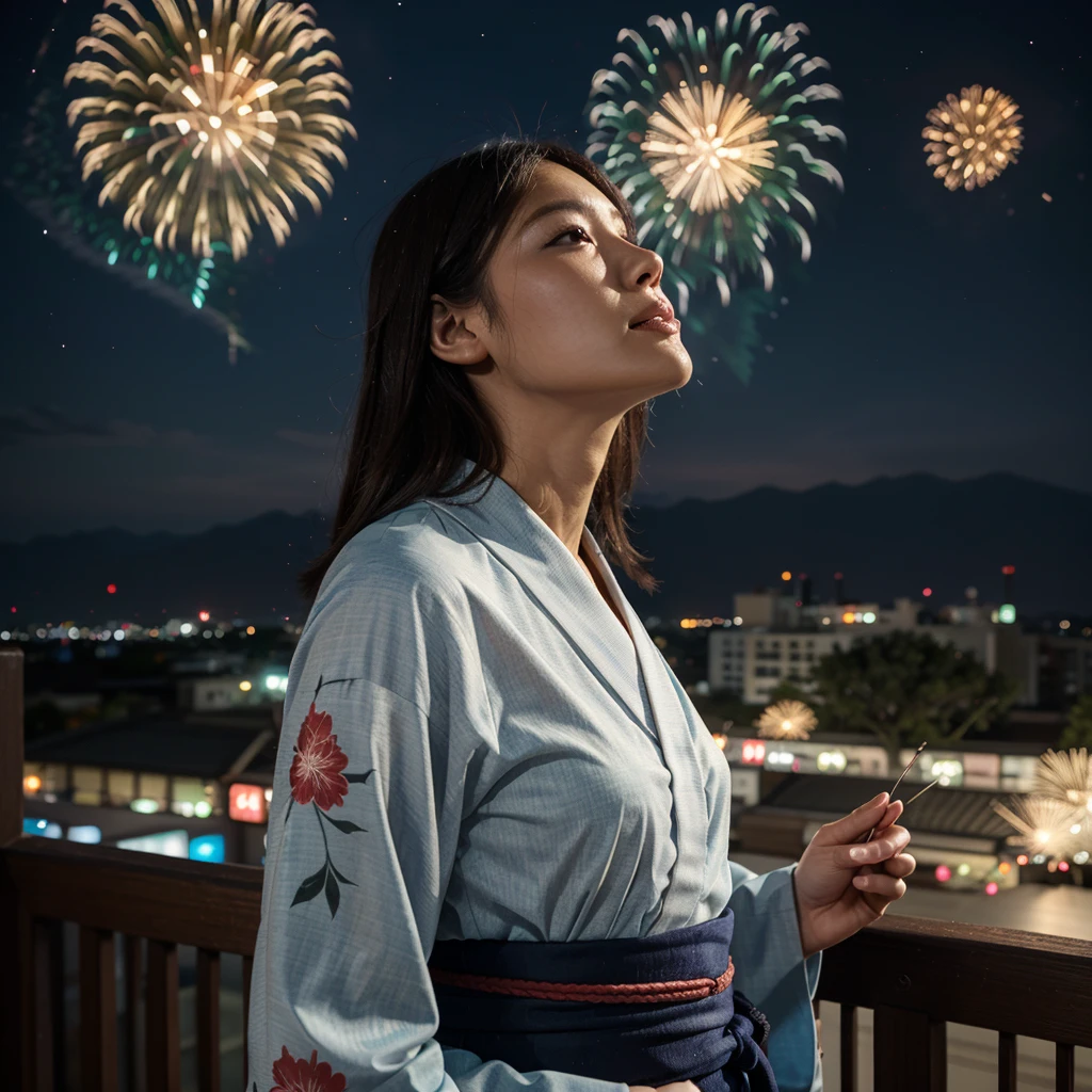 A woman in a yukata looking up at fireworks。High resolution