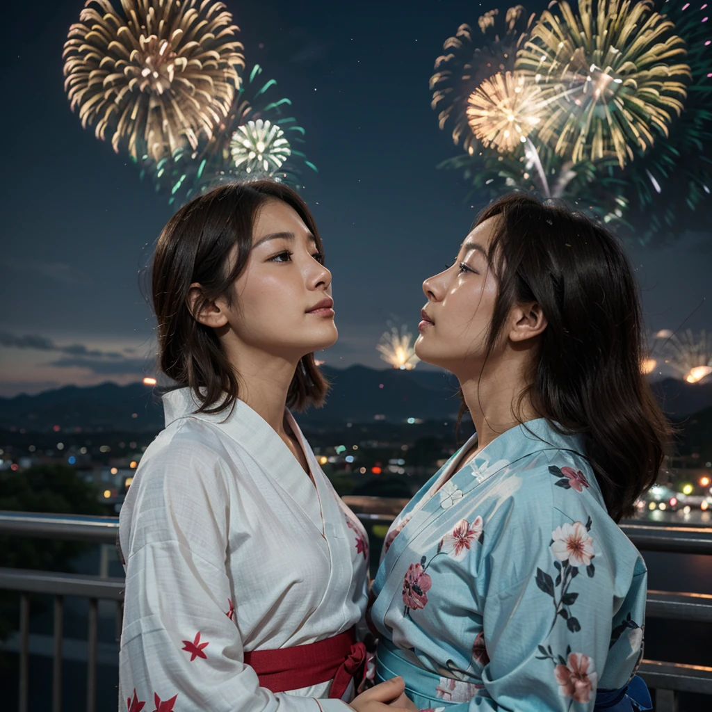 A woman in a yukata looking up at fireworks。High resolution