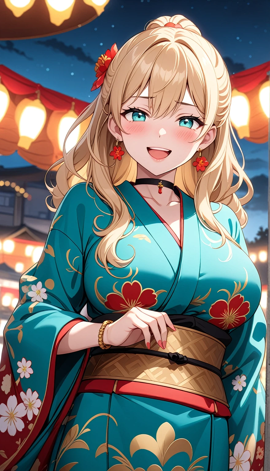 ((One personの女性)), Beautiful Face,(Laughing embarrassedly), (naughty face:1.2), ((Wink:1.9)), (head tilt:1.3), Laughing with your mouth open, upper teeth, ((full-face blush:1.5)), looking at viewer, Glossy Red Lips, (Shining Face), ((anime colored)), ((Anime style background)) , night, Observatory, Festival decorations, firework, ,masterpiece, Highest quality, so beautiful,up to date, Complex details, (Pink long nails),(ring),(bracelet),(choker),AI-generated, Complex,High resolution, Highest quality, super high quality,3D Images、3D Images,One person,Long blonde hair,ponytail, wavy hair ,写真のポーズをとるAnime Women, ((Fine grain、Lightly pigmented turquoise eyes、Shining Eyes:1.4)), (Squint your eyes:1.1),a hyperRealistic , hyperRealistic , Realistic,Anime Women, Smooth anime CG art, A woman in a colorful kimono with gold embroidery, ((yellow、Dark blue long-sleeved kimono:1.3)),Red floral pattern,Long flower hair ornament,Earrings,Mature Body,(Big Breasts:1.1),Tall,Abdominal muscles,Tight waist,(face focus:1.4), ((front view)),