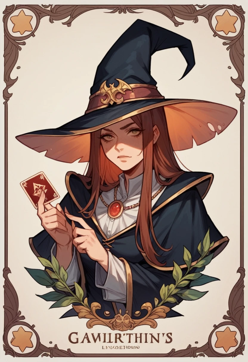 Brunette Cat Girl, Long Hair Blond, Witch, Sorceress,  of darkness, full of powers, strong and imposing, war scene illustration, centred image, a single image on a single card, with golden Bronze and Silver borders,