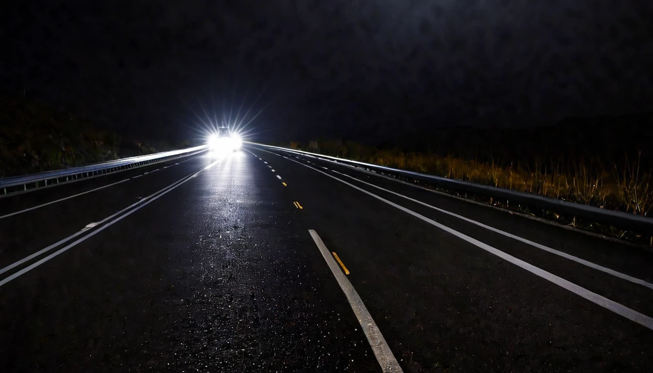 car headlights, highway, poor lighting, dark environment, sinister