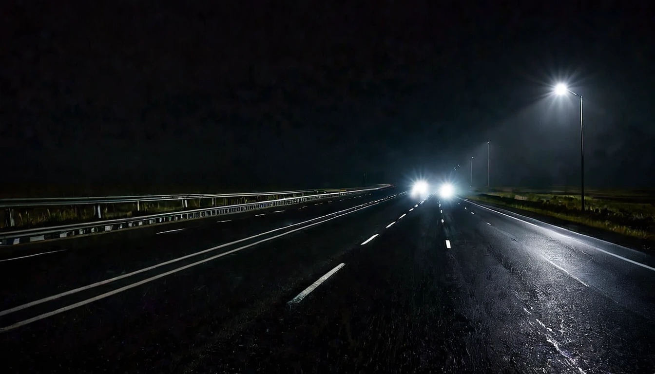 car headlights, highway, poor lighting, dark environment, sinister