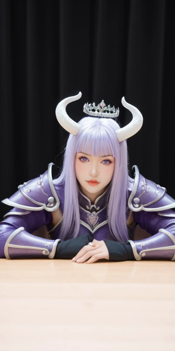 Fraction_9, Fraction_8_Direction_7_up, rest,
a close up of a person wearing a costume, Winner of the CGosociety competition, Fantasy Art, Dark Angel, Purple Armor, Fantasy Art behance, White Horned Queen Demon,whole body