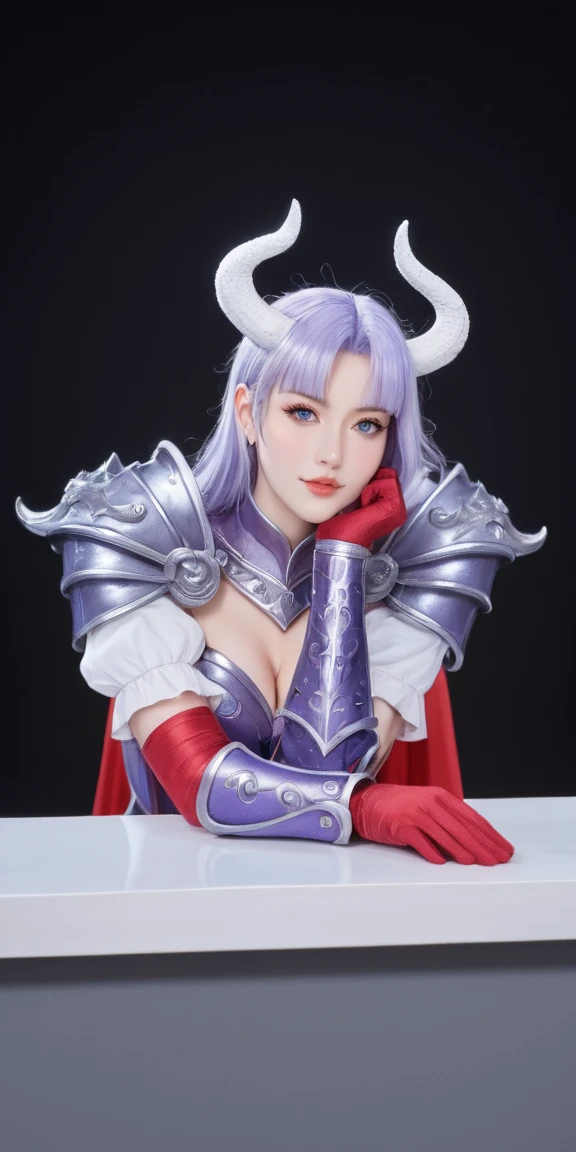 Fraction_9, Fraction_8_Direction_7_up, rest,
a close up of a person wearing a costume, Winner of the CGosociety competition, Fantasy Art, Dark Angel, Purple Armor, Fantasy Art behance, White Horned Queen Demon,whole body
