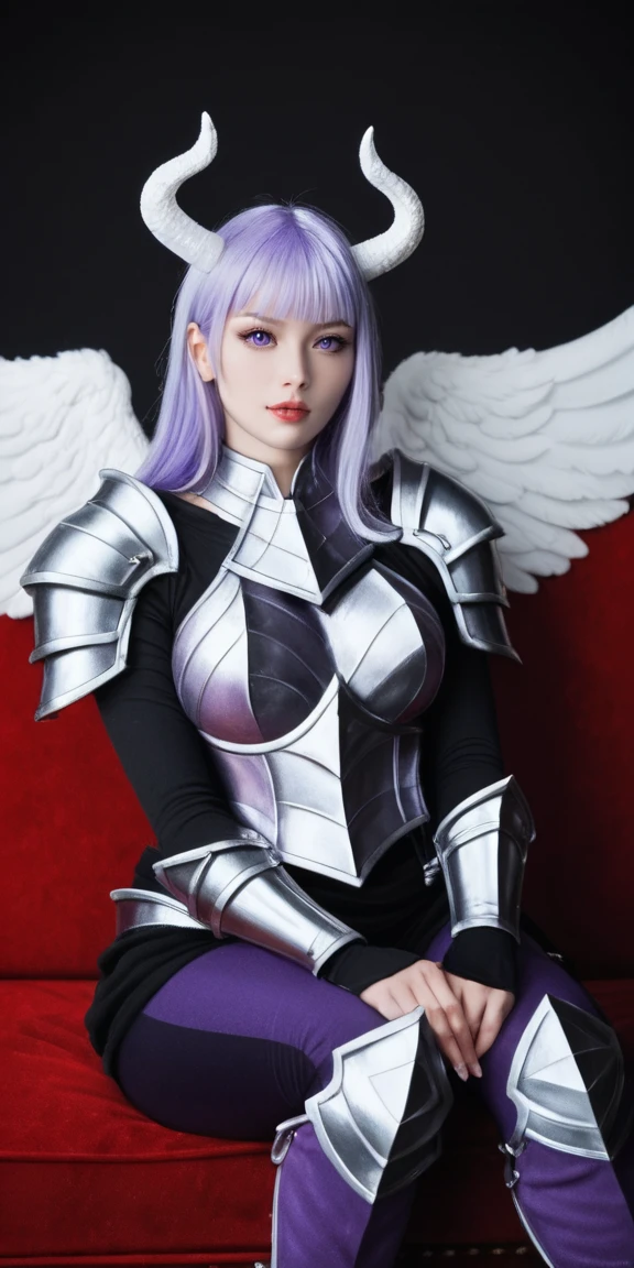 Fraction_9, Fraction_8_Direction_7_up, rest,
 a close up of a person wearing a costume, Winner of the CGosociety competition, Fantasy Art, Dark Angel, Purple Armor, Fantasy Art behance, White Horned Queen Demon,whole body