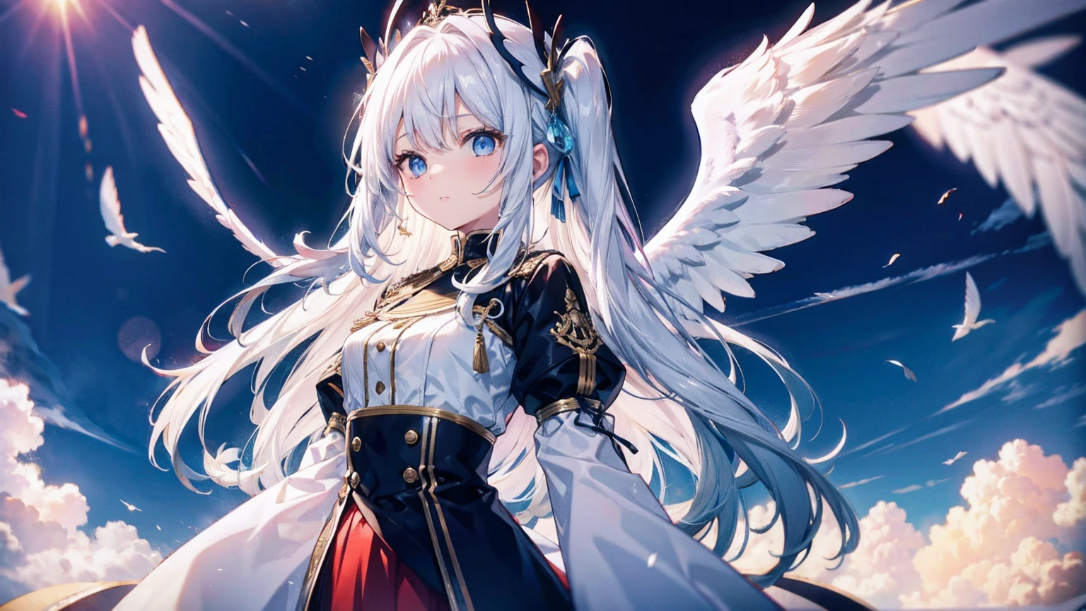 A pretty and cute girl with long white hair and blue eyes、15 years old、Angel wings on the back、Mouth wide open、I'm surprised and my eyes are wide open、comical、Bright expression、Pure white dress