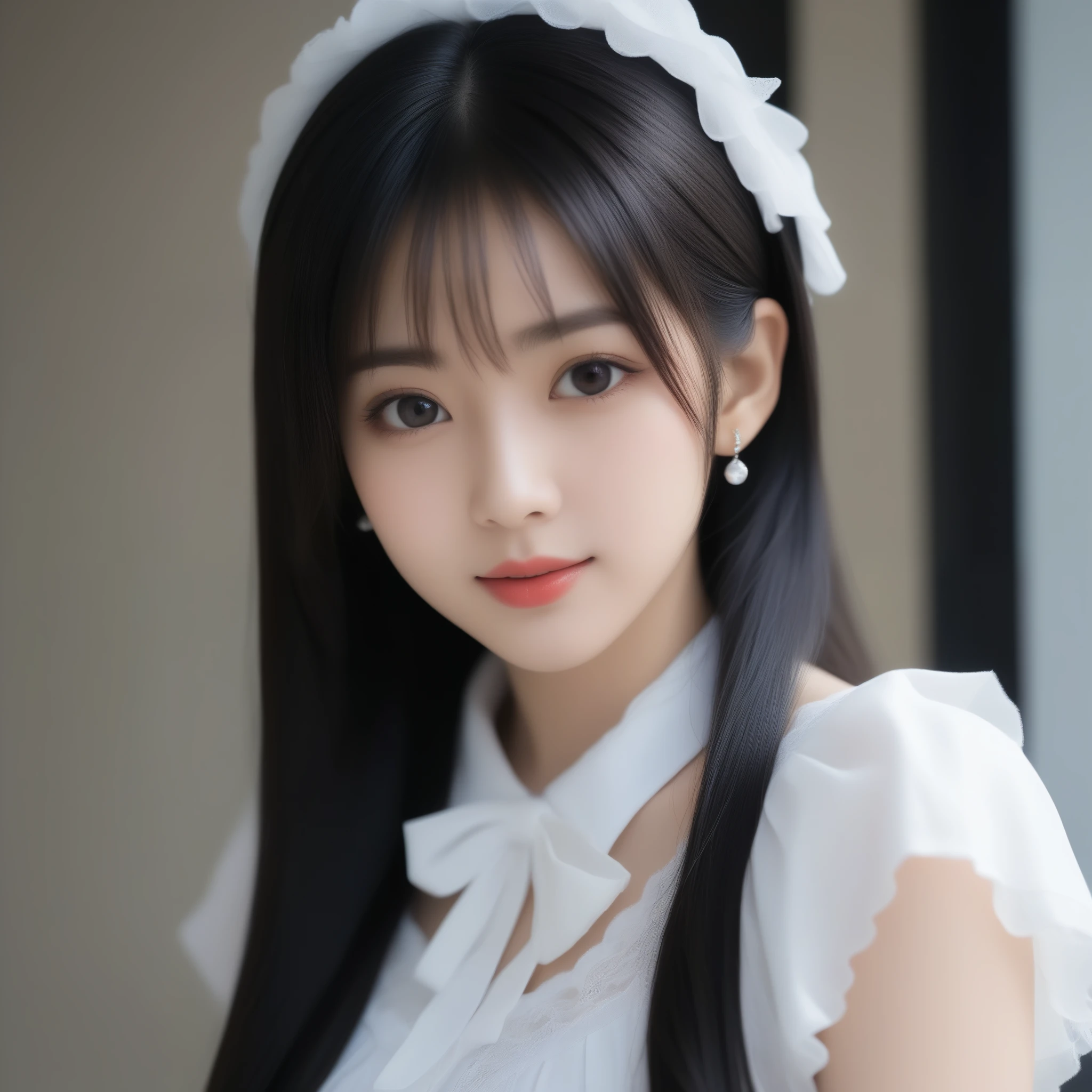 8K, Ultra-high resolution, Highest quality, masterpiece, 三分割法によるphotograph,Surreal, photograph, 1 girl, (:1.3), pretty girl, Cute face, Beautiful eyes in every detail, 細かくdetailedに,masterpiece,, One Girl:1.2, Japan Female Announcer,Young Wife,whole body、Black Hair、well-groomed eyebrows,Slutty Lip Makeup,1 Woman Standing, ,((White bondage and white gothic lolita)),PenSkirt、Black Stockings,Black high heels,Cute gestures、so beautiful,A carefree smile,Healing the heart,blunt bangs,Looking at the audience、beauty,Long neck、Laugh a little、Please close your mouth and laugh、(((Ideal body type))),A-cup small breasts :2,、Portraiture:2、Perfect Anatomy、鮮明なdetailed、detailed、Surreal、Light and shadow,Strong light