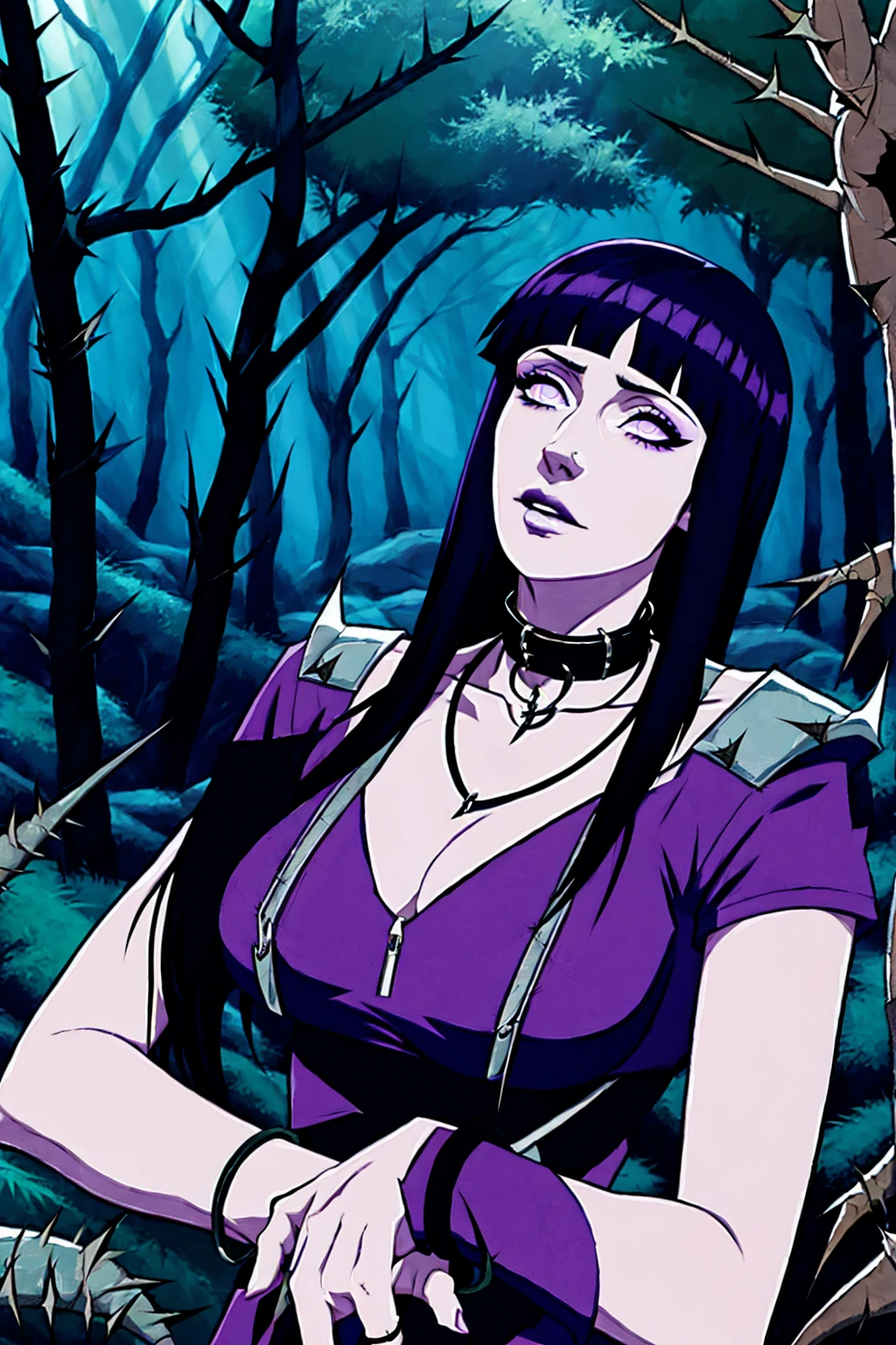 hyuuga hinata, cabelo roxo, pale skin, punk rock clothes, collar of thorns around the neck, thorn bracelets on wrists, in the middle of a forest